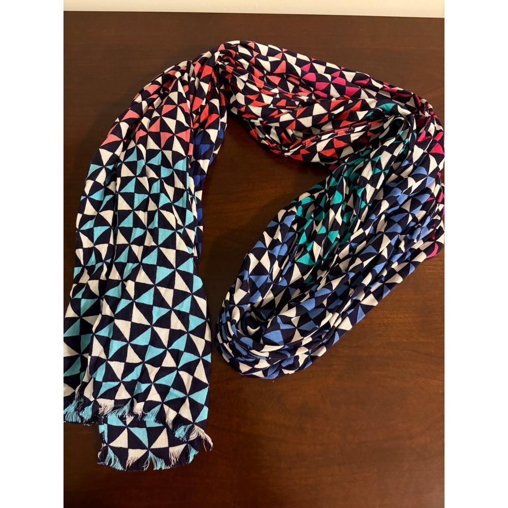 Talbots Scarf Womens Geometric Triangle Print Blue Pink Fringe Edge